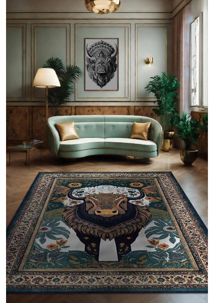 Nuh'un Gemisi Koleksiyonu Bizon, Çiçek Desenli Art Deco Tarzı Vintage Halı,Çok Renkli Maksimalist Halı
