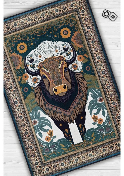 Nuh'un Gemisi Koleksiyonu Bizon, Çiçek Desenli Art Deco Tarzı Vintage Halı,Çok Renkli Maksimalist Halı