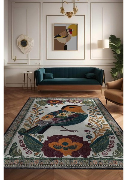 Nuh'un Gemisi Koleksiyonu Kuş, Çiçek Desenli Art Deco Tarzı Vintage Halı,Çok Renkli Maksimalist Halı