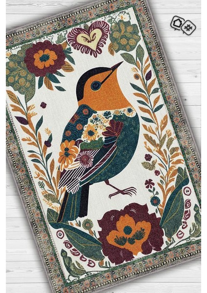Nuh'un Gemisi Koleksiyonu Kuş, Çiçek Desenli Art Deco Tarzı Vintage Halı,Çok Renkli Maksimalist Halı