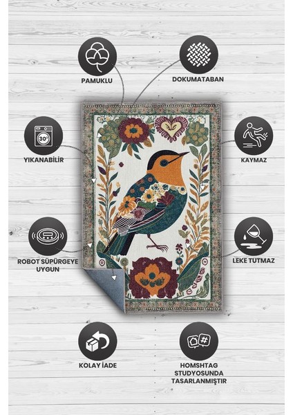 Nuh'un Gemisi Koleksiyonu Kuş, Çiçek Desenli Art Deco Tarzı Vintage Halı,Çok Renkli Maksimalist Halı