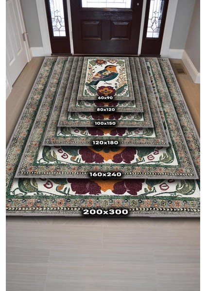 Nuh'un Gemisi Koleksiyonu Kuş, Çiçek Desenli Art Deco Tarzı Vintage Halı,Çok Renkli Maksimalist Halı