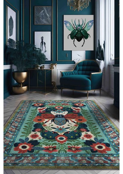 Nuh'un Gemisi Koleksiyonu Sinek, Çiçek Desenli Art Deco Tarzı Vintage Halı,Çok Renkli Maksimalist Halı