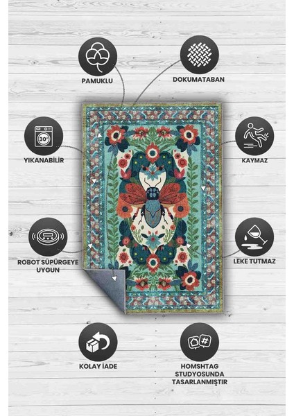 Nuh'un Gemisi Koleksiyonu Sinek, Çiçek Desenli Art Deco Tarzı Vintage Halı,Çok Renkli Maksimalist Halı