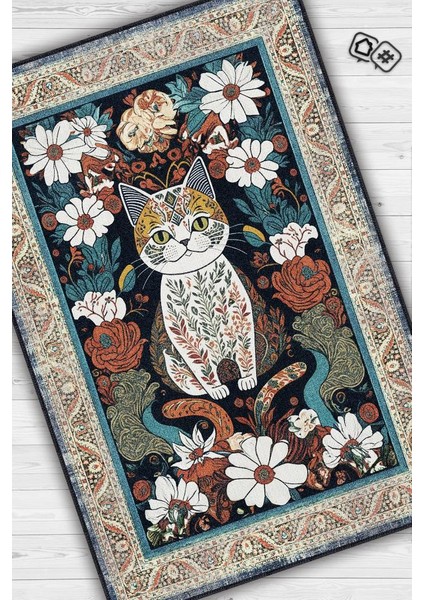 Nuh'un Gemisi Koleksiyonu Kedi, Çiçek Desenli Art Deco Tarzı Vintage Halı,Çok Renkli Maksimalist Halı