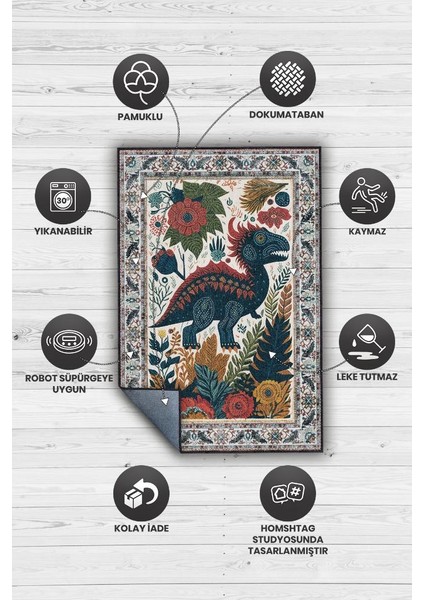 Nuh'un Gemisi Koleksiyonu Dinozor, Çiçek Desenli Art Deco Tarzı Vintage Halı,Çok Renkli Maksimalist Halı