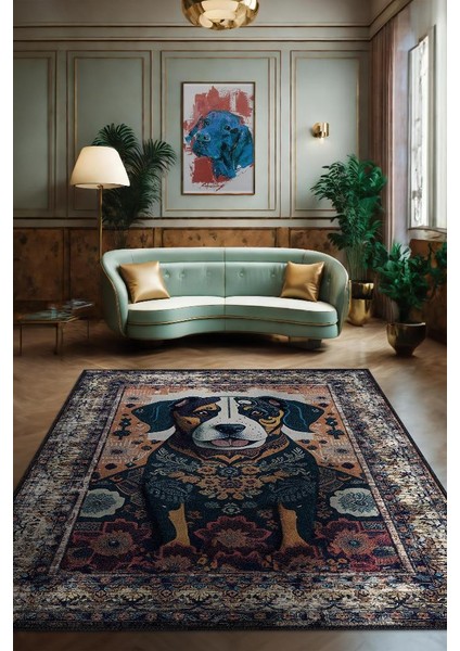 Nuh'un Gemisi Koleksiyonu Köpek, Çiçek Desenli Art Deco Tarzı Vintage Halı,Çok Renkli Maksimalist Halı