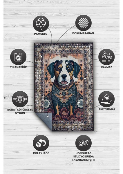 Nuh'un Gemisi Koleksiyonu Köpek, Çiçek Desenli Art Deco Tarzı Vintage Halı,Çok Renkli Maksimalist Halı