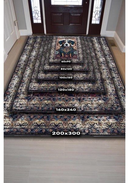 Nuh'un Gemisi Koleksiyonu Köpek, Çiçek Desenli Art Deco Tarzı Vintage Halı,Çok Renkli Maksimalist Halı