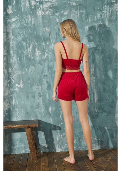 Kadın Crop Fransız Kadife Geniş Kol Sabahlıklı Dantel Detaylı Bralet Şortlu Pijama Takımı 3lü Set