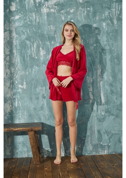 Kadın Crop Fransız Kadife Geniş Kol Sabahlıklı Dantel Detaylı Bralet Şortlu Pijama Takımı 3lü Set fiyatları