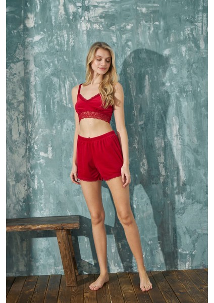 Kadın Crop Fransız Kadife Geniş Kol Sabahlıklı Dantel Detaylı Bralet Şortlu Pijama Takımı 3lü Set modelleri