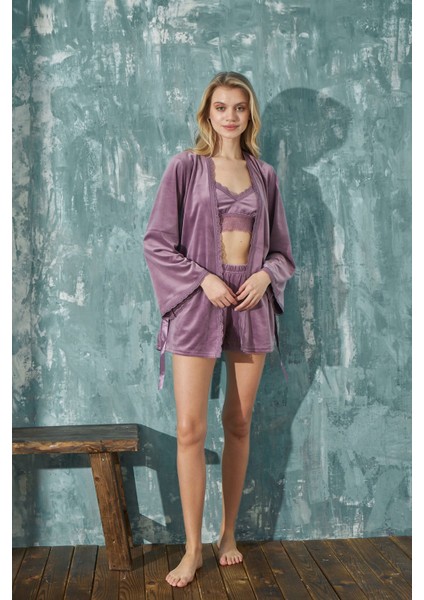 Kadın Crop Fransız Kadife Geniş Kol Sabahlıklı Dantel Detaylı Bralet Şortlu Pijama Takımı 3lü Set