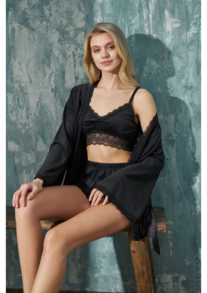 Kadın Crop Fransız Kadife Geniş Kol Sabahlıklı Dantel Detaylı Bralet Şortlu Pijama Takımı 3lü Set