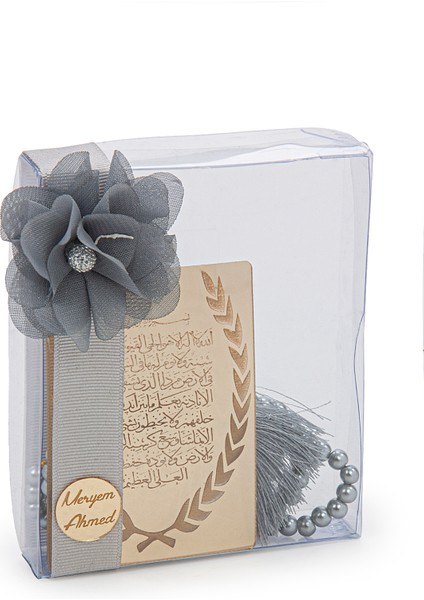 Kutulu Inci Tesbihli Aynalı Pleksi Ayetel Kürsi Dolap Süsü Bebek Mevlüt Hediye Seti Gri