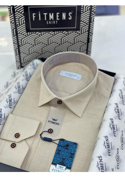 Klasik Uzun Kol Linen Keten Erkek Cepsiz Gömlek Bej