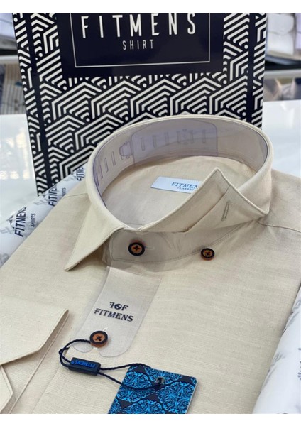 Klasik Uzun Kol Linen Keten Erkek Cepsiz Gömlek Bej fiyatları