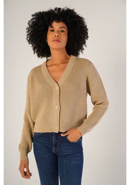 Kadın Bej Selanik Örgü V Yaka Pamuk Hırka TRIST-6150