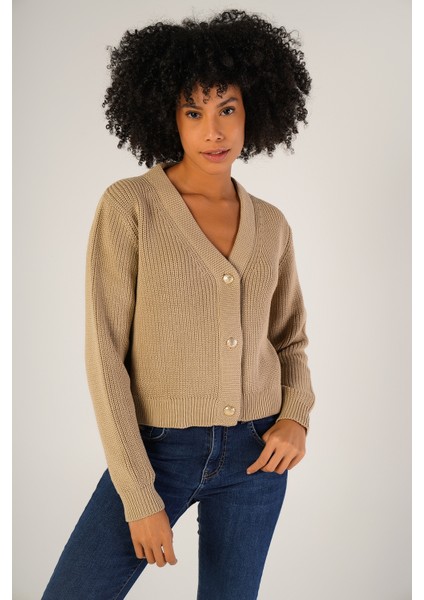 Kadın Bej Selanik Örgü V Yaka Pamuk Hırka TRIST-6150 fiyatları