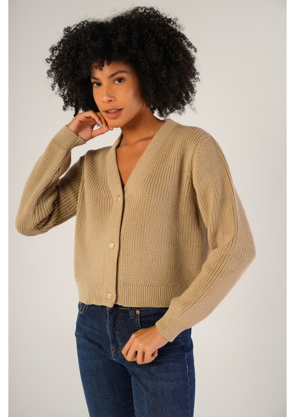 Kadın Bej Selanik Örgü V Yaka Pamuk Hırka TRIST-6150 fırsatları