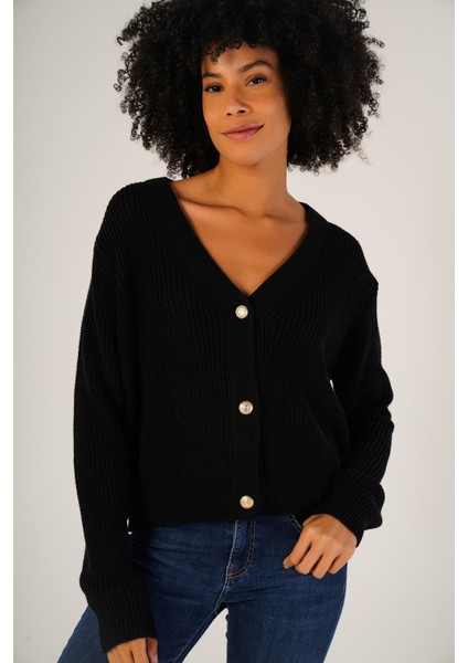 Kadın Siyah Selanik Örgü V Yaka Pamuk Hırka TRIST-6150