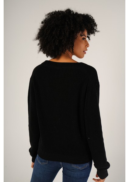 Kadın Siyah Selanik Örgü V Yaka Pamuk Hırka TRIST-6150 modelleri