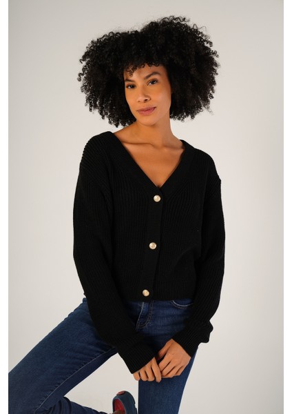 Kadın Siyah Selanik Örgü V Yaka Pamuk Hırka TRIST-6150 fırsatları