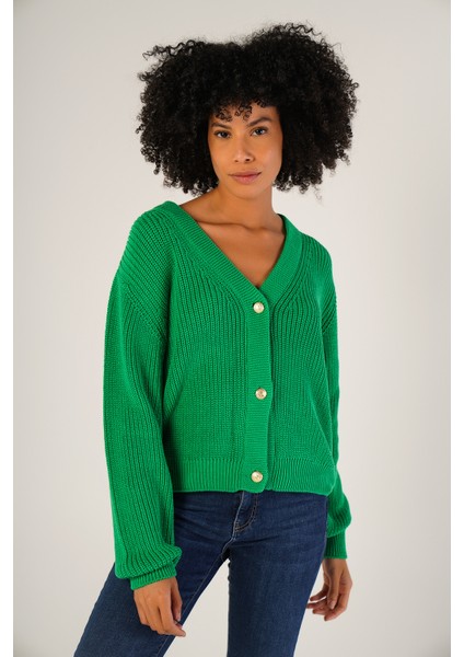 Kadın Yeşil Selanik Örgü V Yaka Pamuk Hırka TRIST-6150