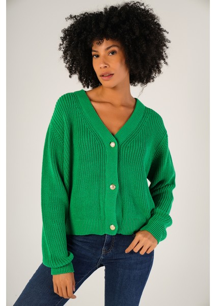 Kadın Yeşil Selanik Örgü V Yaka Pamuk Hırka TRIST-6150 fiyatları