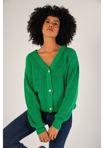 Kadın Yeşil Selanik Örgü V Yaka Pamuk Hırka TRIST-6150 modelleri