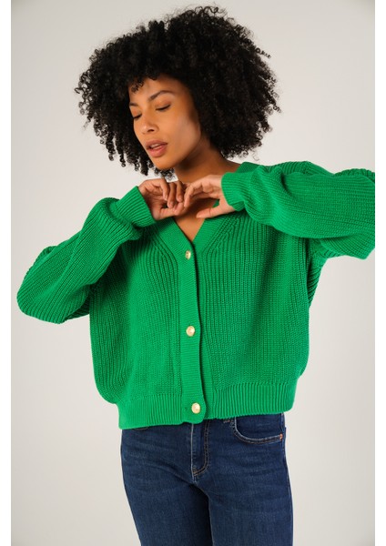 Kadın Yeşil Selanik Örgü V Yaka Pamuk Hırka TRIST-6150 fırsatları