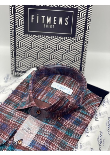 Klasik Uzun Kol Ekose Keten Cepsiz Yaka Düğmeli Erkek Gömlek Kahverengi fiyatları