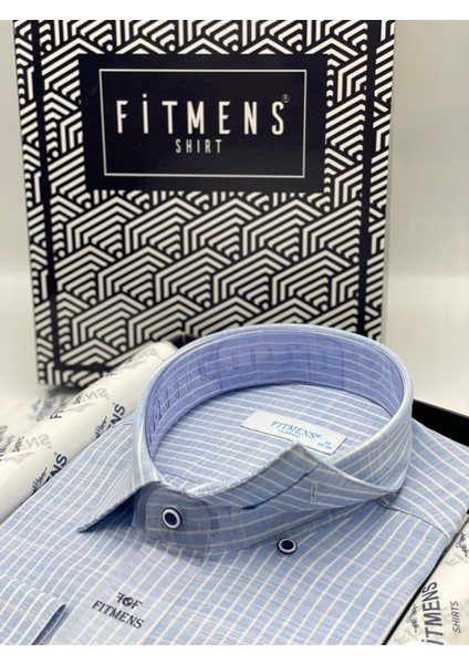 Klasik Uzun Kol Çizgili Keten Cotton Cepsiz Yaka Düğmeli Erkek Gömlek S2119 Açık Mavi fiyatları