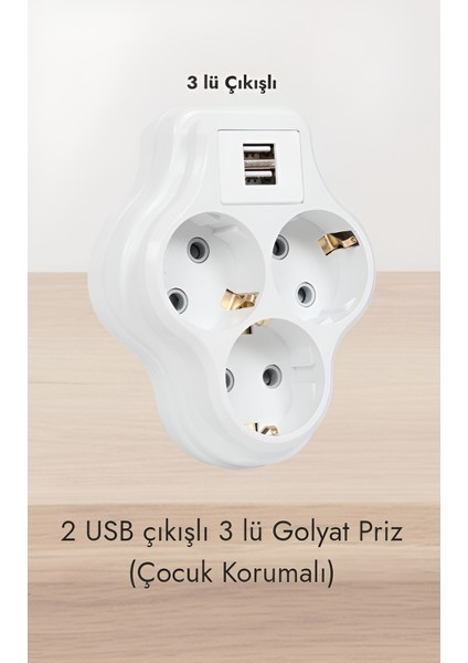 2 USB Çıkışlı 3'lü Golyat Priz (Çocuk Korumalı)