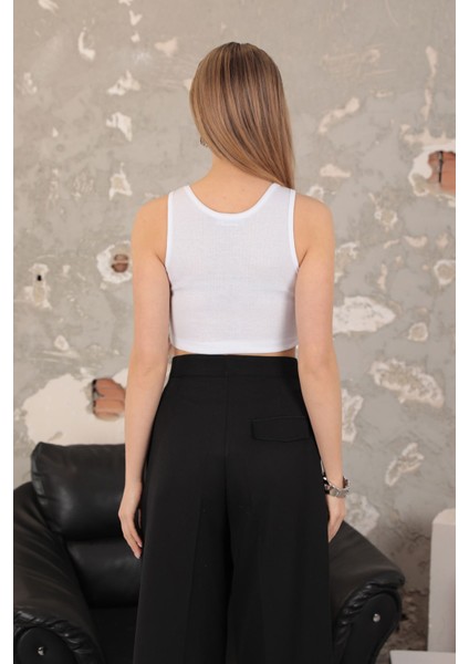 Kaşkorse Kumaş Halter Yaka Kolsuz Kadın Crop-Beyaz modelleri