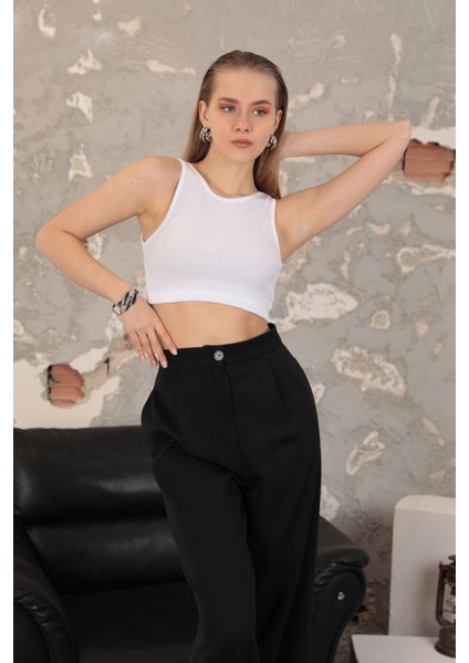 Kaşkorse Kumaş Halter Yaka Kolsuz Kadın Crop-Beyaz fırsatları