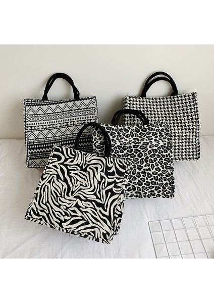 Balıksırtı Vintage Kadınlar Tuval Dalga Balıksırtı Omuz Alışveriş Çantası Rahat Bayanlar Büyük Kapasiteli Leopar Zebra Desen Tote Çanta (Yurt Dışından)