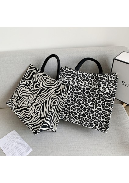 Balıksırtı Vintage Kadınlar Tuval Dalga Balıksırtı Omuz Alışveriş Çantası Rahat Bayanlar Büyük Kapasiteli Leopar Zebra Desen Tote Çanta (Yurt Dışından)