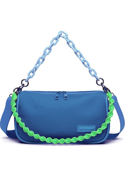 Açık Mavi Doku Omuz Çantası Fermuarlı Crossbody Çanta Moda Zincir Örgü Floresan Renk Çanta Moda Yeni Halat Zincir Omuz Çantası (Yurt Dışından)