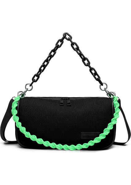 Siyah Doku Omuz Çantası Fermuarlı Crossbody Çanta Moda Zincir Örgü Floresan Renk Çanta Moda Yeni Halat Zincir Omuz Çantası (Yurt Dışından)
