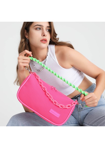 Siyah Doku Omuz Çantası Fermuarlı Crossbody Çanta Moda Zincir Örgü Floresan Renk Çanta Moda Yeni Halat Zincir Omuz Çantası (Yurt Dışından) modelleri
