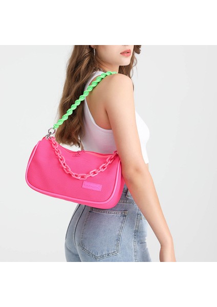Siyah Doku Omuz Çantası Fermuarlı Crossbody Çanta Moda Zincir Örgü Floresan Renk Çanta Moda Yeni Halat Zincir Omuz Çantası (Yurt Dışından) fırsatları