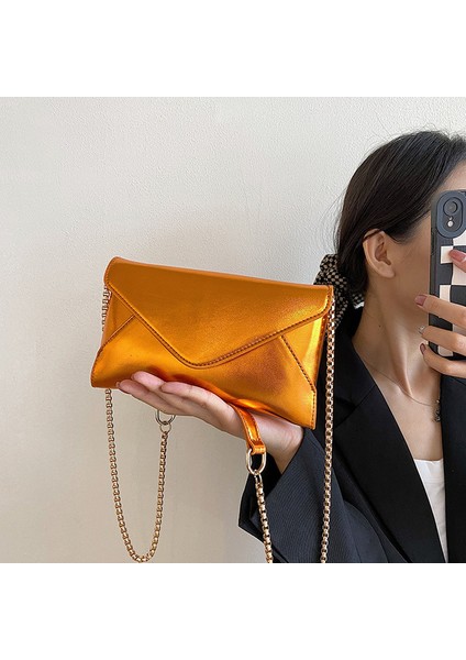 Turuncu Yeni Kadın Akşam Omuz Çantası Deri Debriyaj Çanta Düğün Parti Balo Düğün Zarf Çanta Gümüş Zincirli Crossbody (Yurt Dışından)