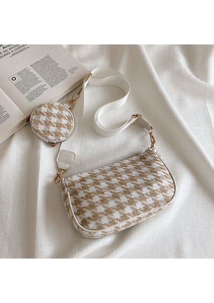 Haki Yeni Rahat Küçük Crossbody Çanta Kadın Vintage Ekose Baskı Omuz Çantaları Mini Yuvarlak Çanta Kolye Kadın Kompozit Çanta (Yurt Dışından)