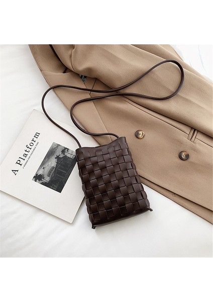 Kahve Küçük Örgü Messenger Telefon Çantası Kadınlar Için En Kaliteli Pu Deri Bayan Çanta Lüks Marka Eğilim Omuz Crossbody Çanta (Yurt Dışından)