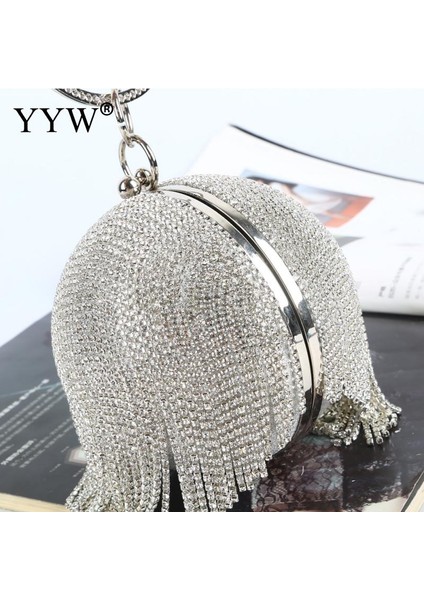 Kadınlar 2021 Moda Mini Püsküller Debriyaj Çanta Bayan Yüzük Çanta Manşonlar Için Altın G Gümüş Elmas Taklidi Yuvarlak Top Akşam Çantalar (Yurt Dışından)
