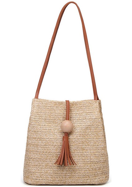 Kahverengi Kadın Hasır Çanta Bohemian Rattan Plaj Çantası El Yapımı Örme Crossbody Kova Çantaları Yaz Püskül Plaj Çantası (Yurt Dışından)