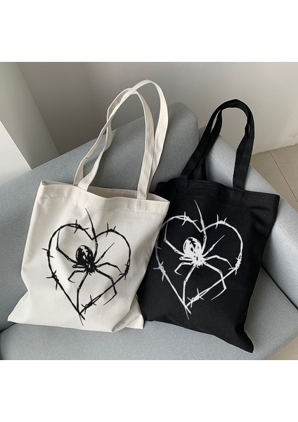 FEN03 Gotik Örümcek Baskı Kadın Omuz Çantaları Vintage Kanvas Çanta Büyük Kapasiteli Kadın Çantası Emo Koyu Yılan Alışveriş Çantası Rahat Y2K Tote (Yurt Dışından) fiyatları
