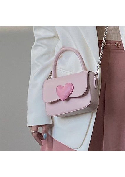 Pembe Pembe Kalp Girly Küçük Kare Omuz Çantası Moda Aşk Kadın Tote Çanta Çanta Kadın Zincir Üst Kolu Messenger Çanta Hediye (Yurt Dışından)