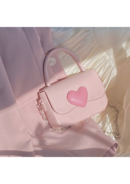 Pembe Pembe Kalp Girly Küçük Kare Omuz Çantası Moda Aşk Kadın Tote Çanta Çanta Kadın Zincir Üst Kolu Messenger Çanta Hediye (Yurt Dışından)
